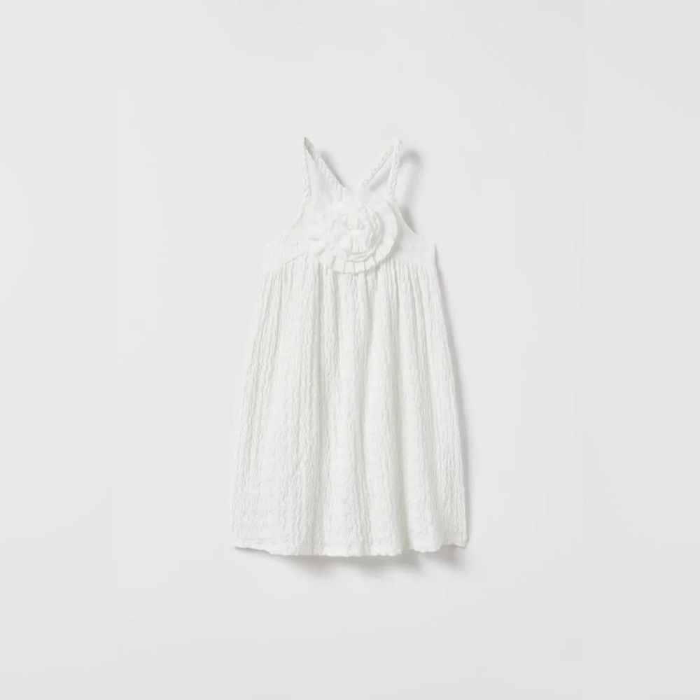 Zara Kids Girl Textured Floral Appliqué Dress - White - Picture 9 of 9